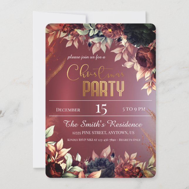 Convite Flores Elegantes de Burgund, Reinder de Natal Mági (Frente)