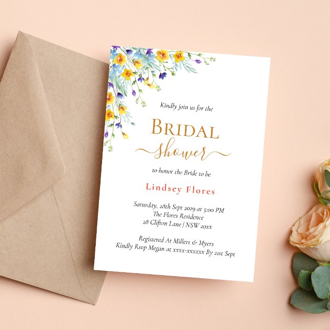 Convite Flores Elegantes de Jardim Dourado Chá de Noiva (Elegant garden flowers gold invitation adds timeless charm to your bridal shower)