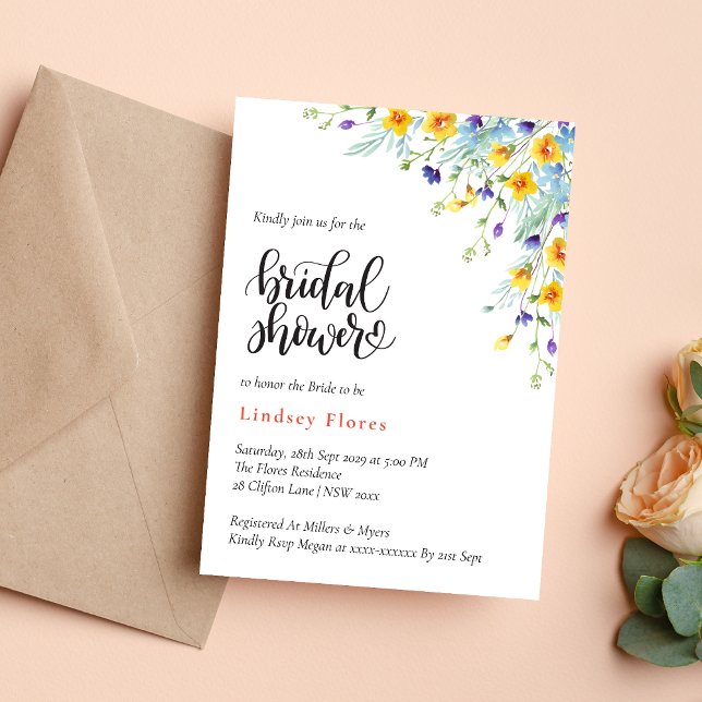 Convite Flores Elegantes de Jardim em Aquarela Chá de Noiv (Elegant garden flowers watercolor invitation creates a soft, romantic bridal shower tone)