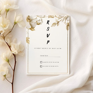Convite Flores elegantes de ouro branco tipografia RSVP