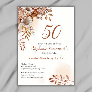 Convite Flores Elegantes de Outono Creme Aniversário de 50