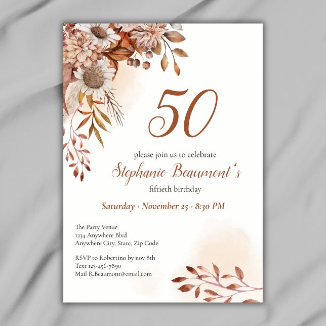 Convite Flores Elegantes de Outono Creme Aniversário de 50 (Criador carregado)