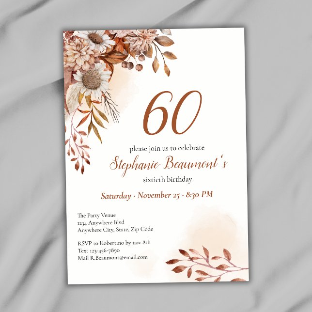 Convite Flores Elegantes de Outono Creme Aniversário de 60 (Criador carregado)
