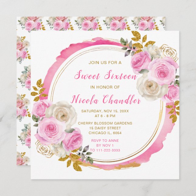 Convite Flores Elegantes Douradas e Rosa Brilhantes Doce D (Frente/Verso)