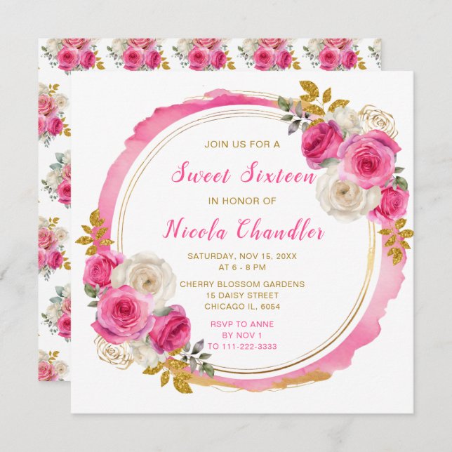 Convite Flores Elegantes Douradas e Rosa Quentes Doce Deze (Frente/Verso)