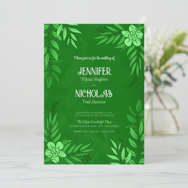 Convite Flores Elegantes E Folhas De Ornamento Para Casame (Em pé/Frente)
