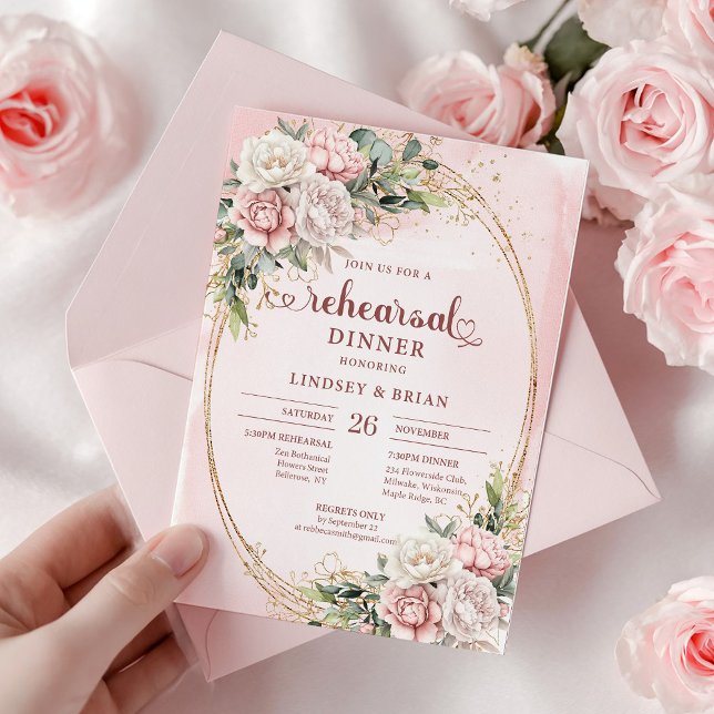 Convite Flores Elegantes em Aquarela Rosa Poeira Ensaio  (Elegant Watercolor Dusty Pink Flowers Rehearsal Dinner)