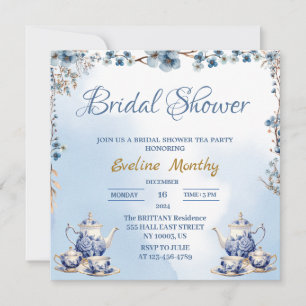 Convite flores elegantes em azul poeirento chá de panela c