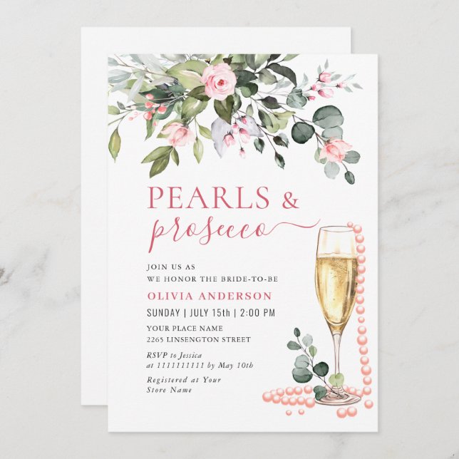 Convite Flores Elegantes Eucalyptus Rosa PÉARLS e Prosecco (Frente/Verso)