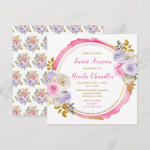 Convite Flores Elegantes Rosa e Roxo Doce Dezesseis