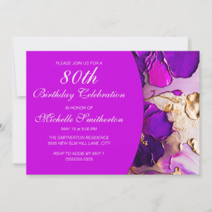 Convite Flores Elegantes Roxo Rosa Dourado 80º Aniversário