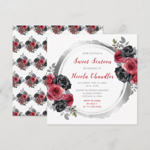 Convite Flores Elegantes Vermelhas e Prateadas Sweet Sixte