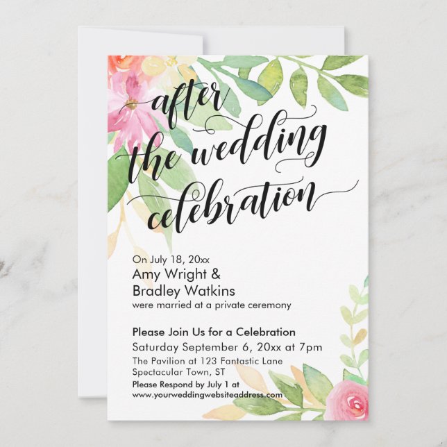 Convite Flores em Aquarela Após a Celebração do Casamento (Frente)