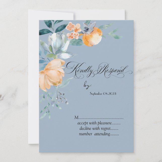 Convite Flores em Aquarela Azul Empoeirado RSVP (Frente)