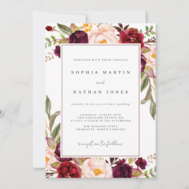 Convite Flores em Aquarela Burgundy para Casamento (Frente)