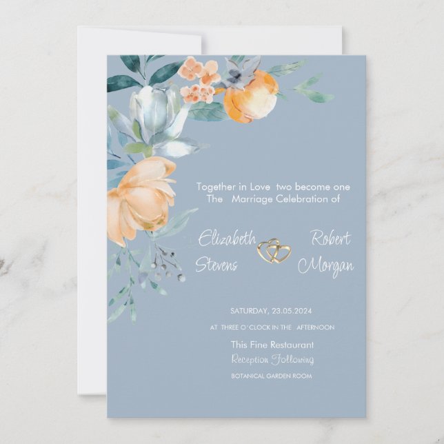 Convite Flores em Aquarela Casamento Azul Empoeirado (Frente)