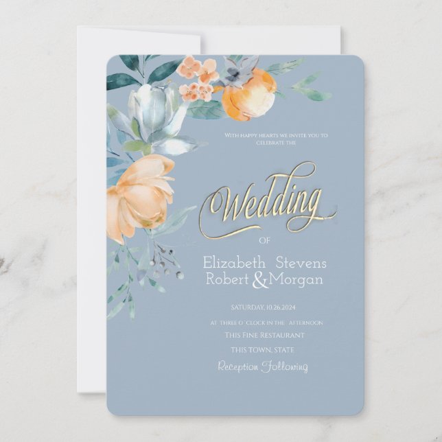 Convite Flores em Aquarela Casamento Azul Empoeirado (Frente)
