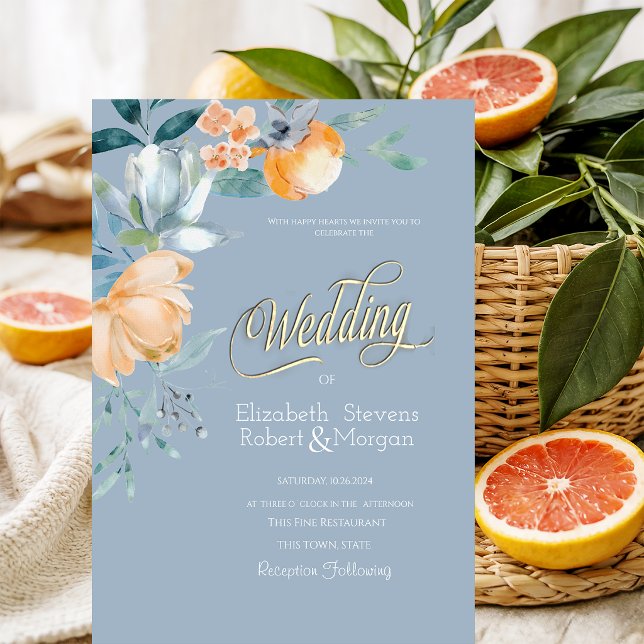 Convite Flores em Aquarela Casamento Azul Empoeirado (Criador carregado)