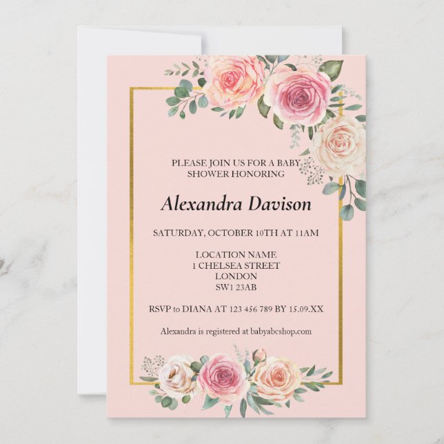 Convite Flores em Aquarela com Moldura Chá de Bebê Rosa (Frente)