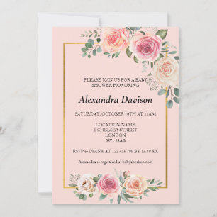 Convite Flores em Aquarela com Moldura Chá de Bebê Rosa