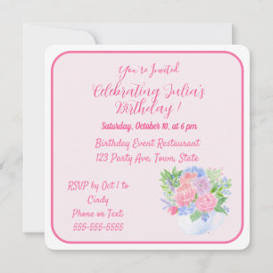 Convite Flores em Aquarela Pintadas à Mão FELIZ ANIVERSÁRI