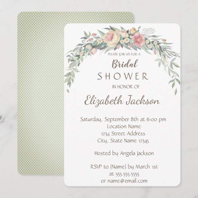 Convite Flores em Aquarela, Pontos Bridal Shower (Frente/Verso)