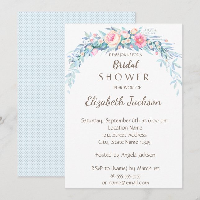 Convite Flores em Aquarela Pontos Bridal Shower (Frente/Verso)