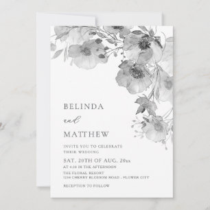 Convite Flores em Aquarela Preto e Branco para Casamento C