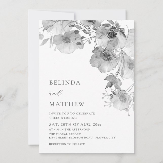 Convite Flores em Aquarela Preto e Branco para Casamento C (Frente)