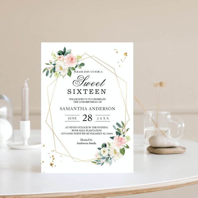 Convite Flores em Aquarela Rosa e Branco Elegantes com Pin (Criador carregado)