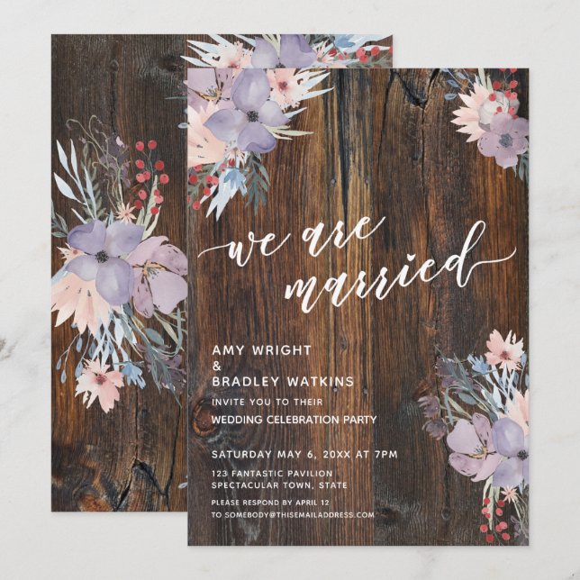 Convite Flores em Aquarela Rústica Boho Nós somos Casados (Frente/Verso)
