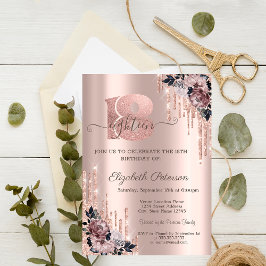 Convite Flores em Dourado Rosa com Brilho 18º Aniversário
