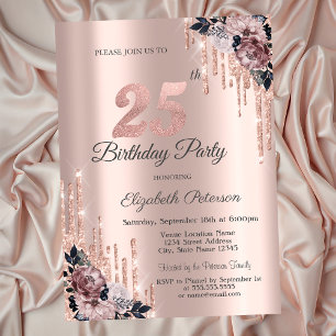 Convite Flores em Dourado Rosa com Brilho 25º Aniversário