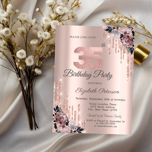 Convite Flores em Dourado Rosa com Brilho 35º Aniversário (Criador carregado)