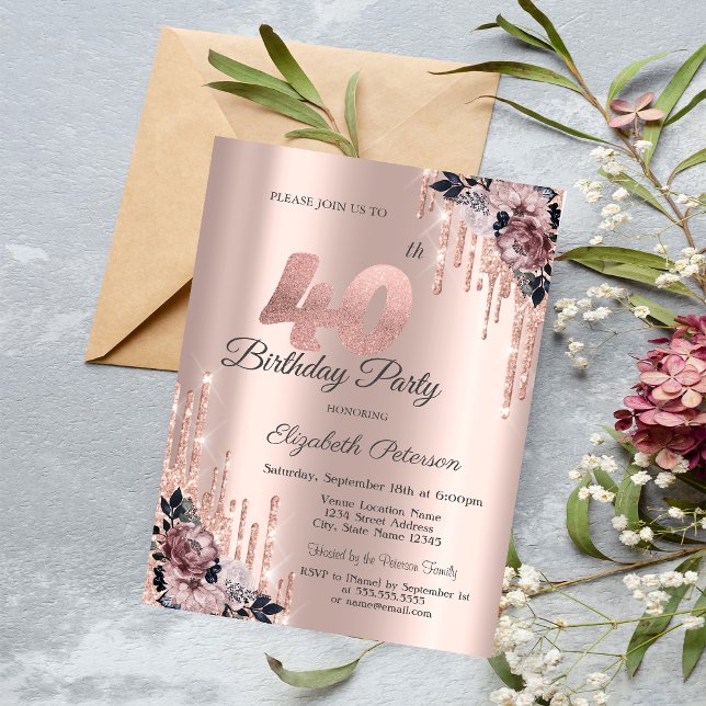 Convite Flores em Dourado Rosa com Brilho 40º Aniversário (Criador carregado)