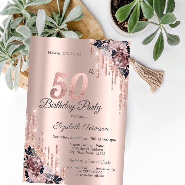 Convite Flores em Dourado Rosa com Brilho 50º Aniversário (Criador carregado)