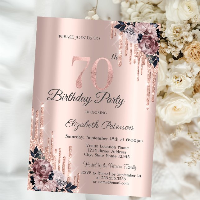 Convite Flores em Dourado Rosa com Brilho 70º Aniversário (Criador carregado)