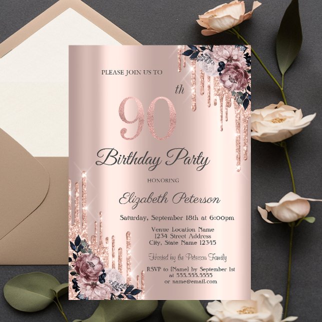 Convite Flores em Dourado Rosa com Brilho 90º Aniversário (Criador carregado)