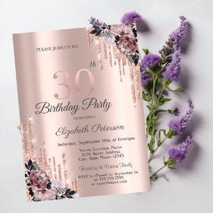 Convite Flores em Dourado Rosado com Brilho 30º Aniversári