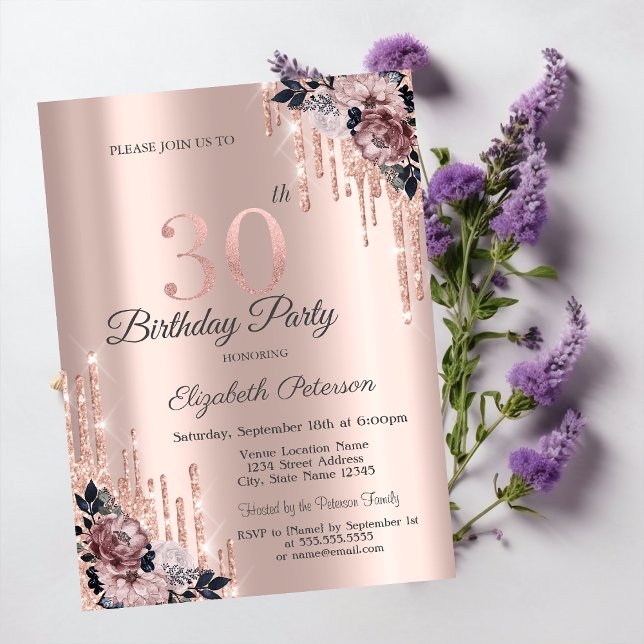 Convite Flores em Dourado Rosado com Brilho 30º Aniversári (Criador carregado)