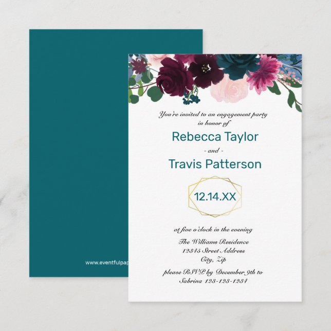 Convite Flores em Flor Teal Vert - Festa de Engajamento 3x (Frente/Verso)