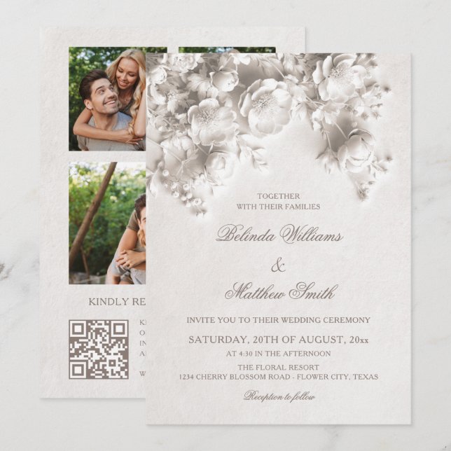 Convite Flores esculpidas em marfim Rosas 3D Casamento (Frente/Verso)