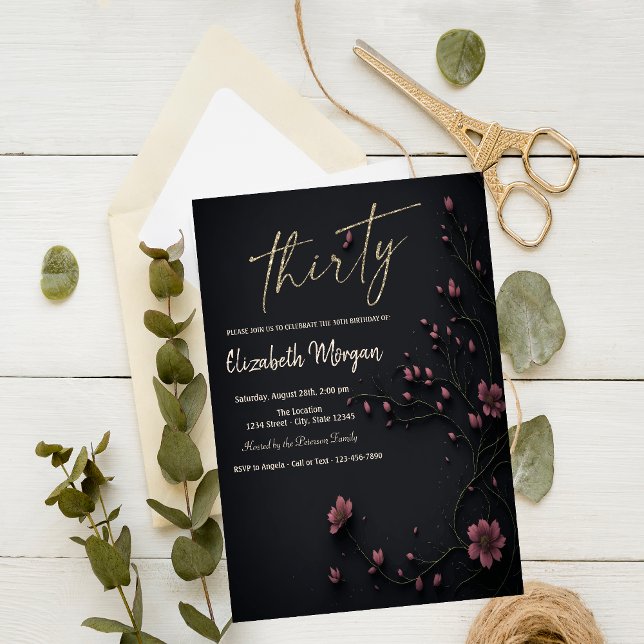 Convite Flores Escuras aniversário de 30 anos gótico (Criador carregado)