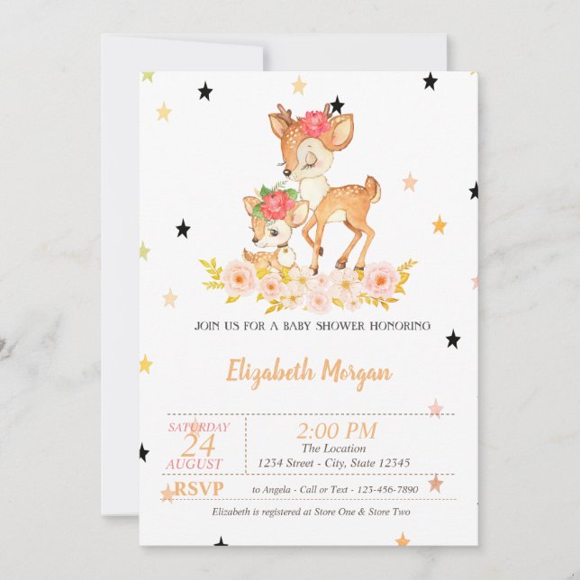 Convite Flores Estrelas de Cervos Bebês, Princesa  Chã de  (Frente)
