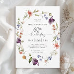 Convite Flores Femininas Florais 60ª Festa de aniversário<br><div class="desc">Comemore um aniversário de 60 anos em estilo feminino encantador com este moderno convite de aniversário floral de flores silvestres. Uma bela coroa d'água pintada de flores silvestres mistas em tons de rosa, roxo, pêssego, azul e branco com verde esparso fazem este pop de convite com estilo. Personalize o modelo...</div>