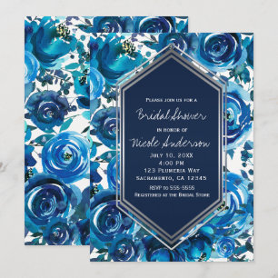 Convite Flores Florais Azul Índigo Elegante Chá de Noiva