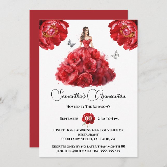 Convite Flores florais de peônias de Quinceñera Red Quince (Frente/Verso)