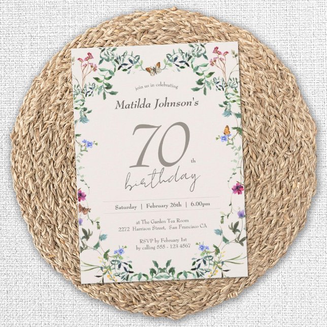 Convite Flores Florais Elegante Festa de aniversário (Elegant 70th Birthday Wildflowers Floral Invitation)