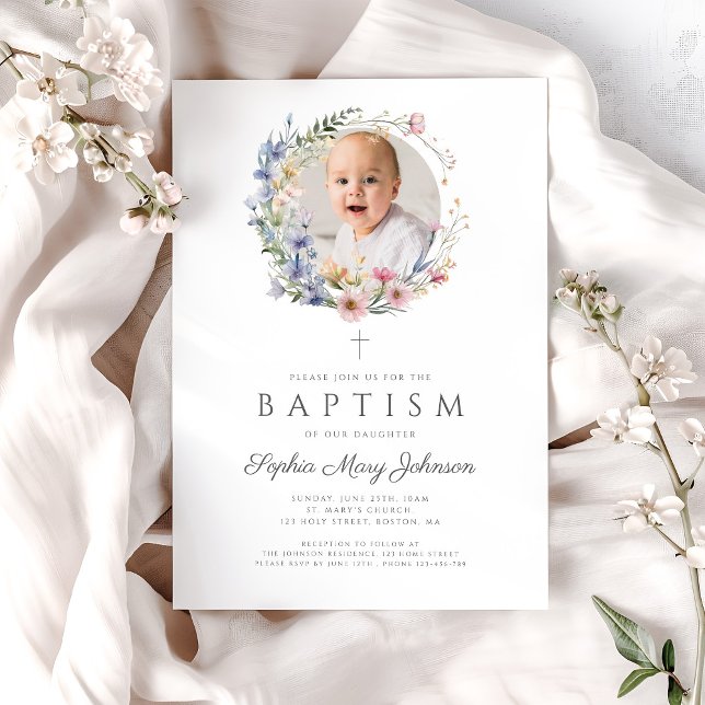 Convite Flores Florais Flóridas Foto Baptism (Elegant Floral Wildflowers Photo Baptism Invitation)