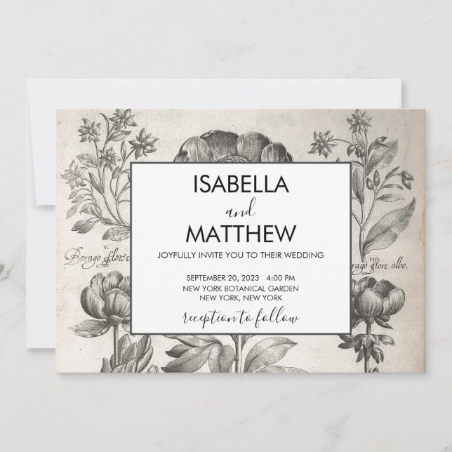 Convite Flores florais, pretas e brancas, a preto e branco (Frente)